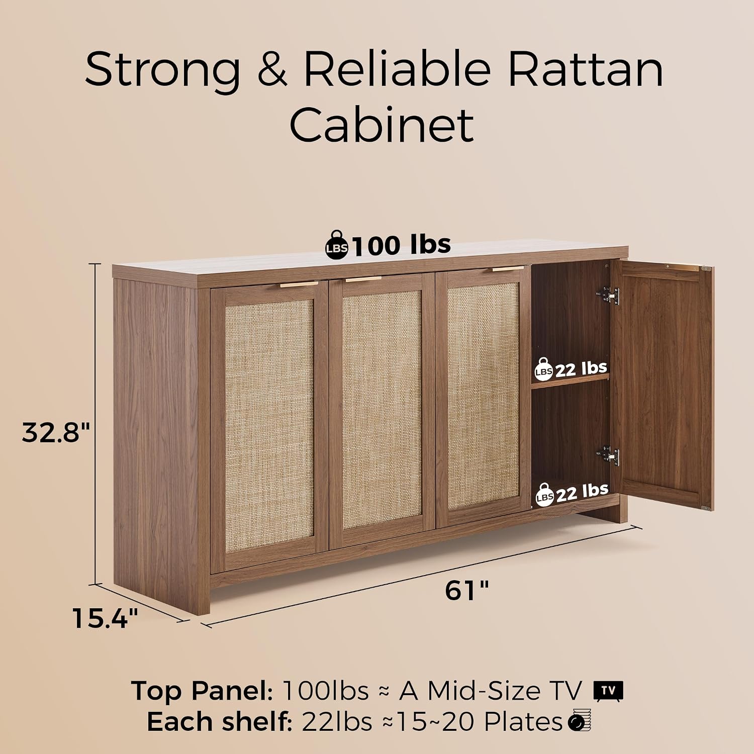 OAKHAM HOME 4 Door Rattan Sideboard Buffet Cabinet with Adjustable Shelves 61" Boho Farmhouse Storage Credenza for Living Room Kitchen & Entryway, Brown Wood Finish