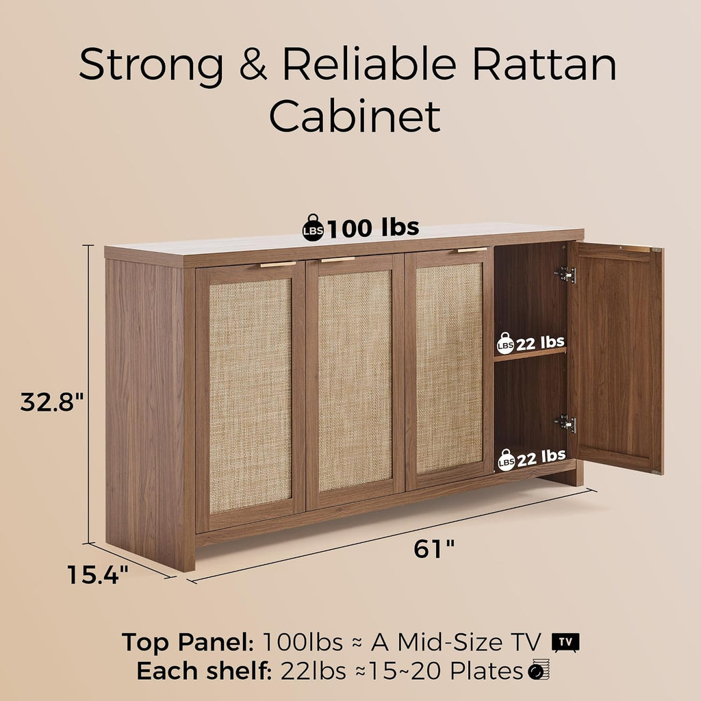 OAKHAM HOME 4 Door Rattan Sideboard Buffet Cabinet with Adjustable Shelves 61" Boho Farmhouse Storage Credenza for Living Room Kitchen & Entryway, Brown Wood Finish