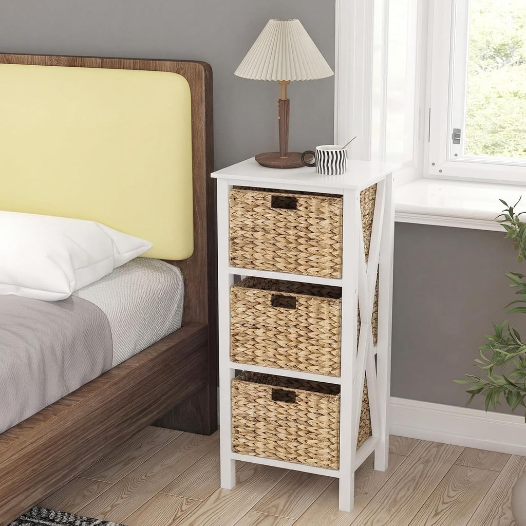 GOFLAME End Table with Wicker Drawers, Sofa Side Table with 3 Baskets, Rubber Wood X-Shaped Frame & Acacia Wood Legs, 3-Tier Wicker Nightstand Bedside for Living Room, Bedroom, White