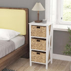 GOFLAME End Table with Wicker Drawers, Sofa Side Table with 3 Baskets, Rubber Wood X-Shaped Frame & Acacia Wood Legs, 3-Tier Wicker Nightstand Bedside for Living Room, Bedroom, White