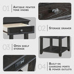 Lexicon Mid Century Modern 24" x 27" End Table with Storage, Wood Side Table with USB Charging Ports and Outlet, 1 Dovetail Drawer and Open Storage Shelf for Living Room/Bedroom, Charcoal