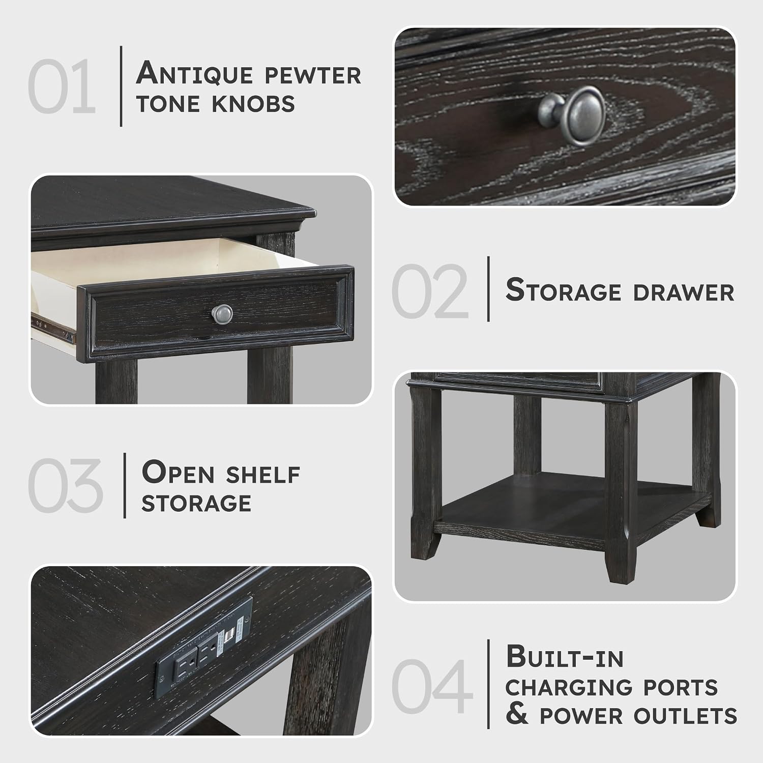 Lexicon Mid Century Modern 24" x 27" End Table with Storage, Wood Side Table with USB Charging Ports and Outlet, 1 Dovetail Drawer and Open Storage Shelf for Living Room/Bedroom, Charcoal