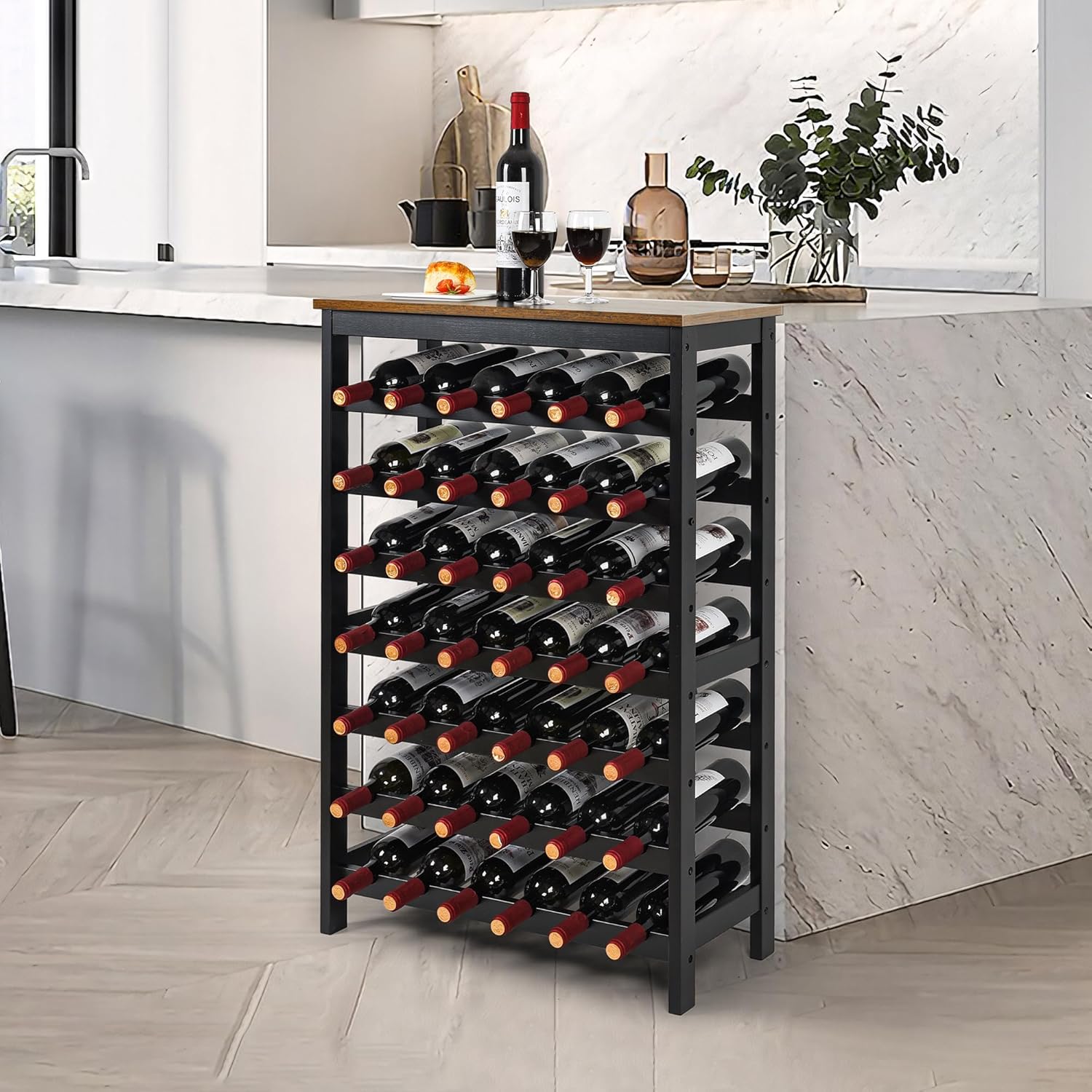 VASMIA 42 Bottles Bamboo Wine Rack,7-Tier Wine Rack Freestanding Floor with Table Top, Wine Storage Shelf for Kitchen Dining Room Bar,Rustic Brown and Black