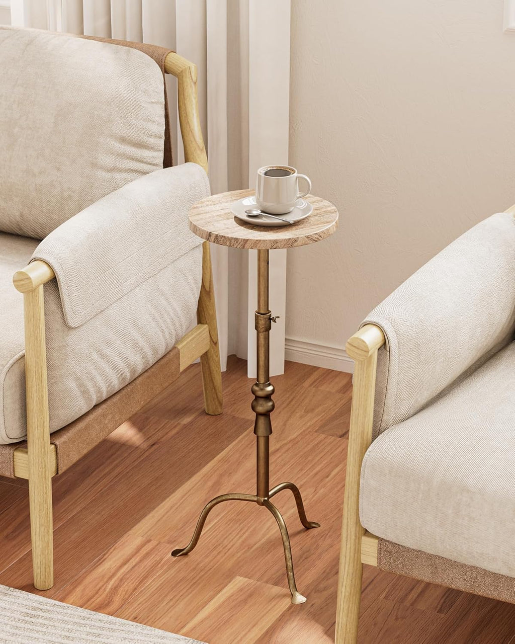 Adjustable Height Round Pedestal Table - 22-30 Inch, Modern Martini Cocktail End Table with Natural Travertine Top & Antique Brass Base for Small Spaces Living Room, Bedroom (Noche Travertine)