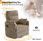 Oversized Nursery Rocking Chair, 360° Swivel Glider Recliner Chair, Chenille Silent Nursery Chair with 2 Pillows and Footrest, Cozy Reclining Sofa for Living Room, Bedroom, Nursing, Camel