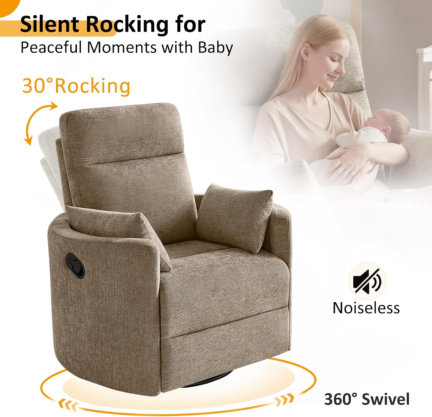 Oversized Nursery Rocking Chair, 360° Swivel Glider Recliner Chair, Chenille Silent Nursery Chair with 2 Pillows and Footrest, Cozy Reclining Sofa for Living Room, Bedroom, Nursing, Camel