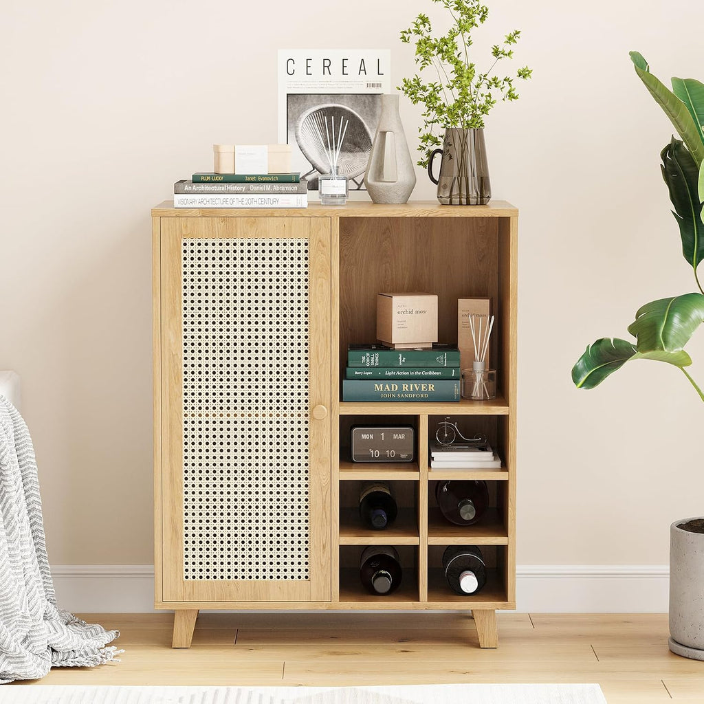 Farini 27.6" Buffet Cabinet with 6 Racks and Rattan Doors,Kitchen Sideboard for Dining Room, Hallway & Living Room, Coffee Bar Storage Console Table,Natural