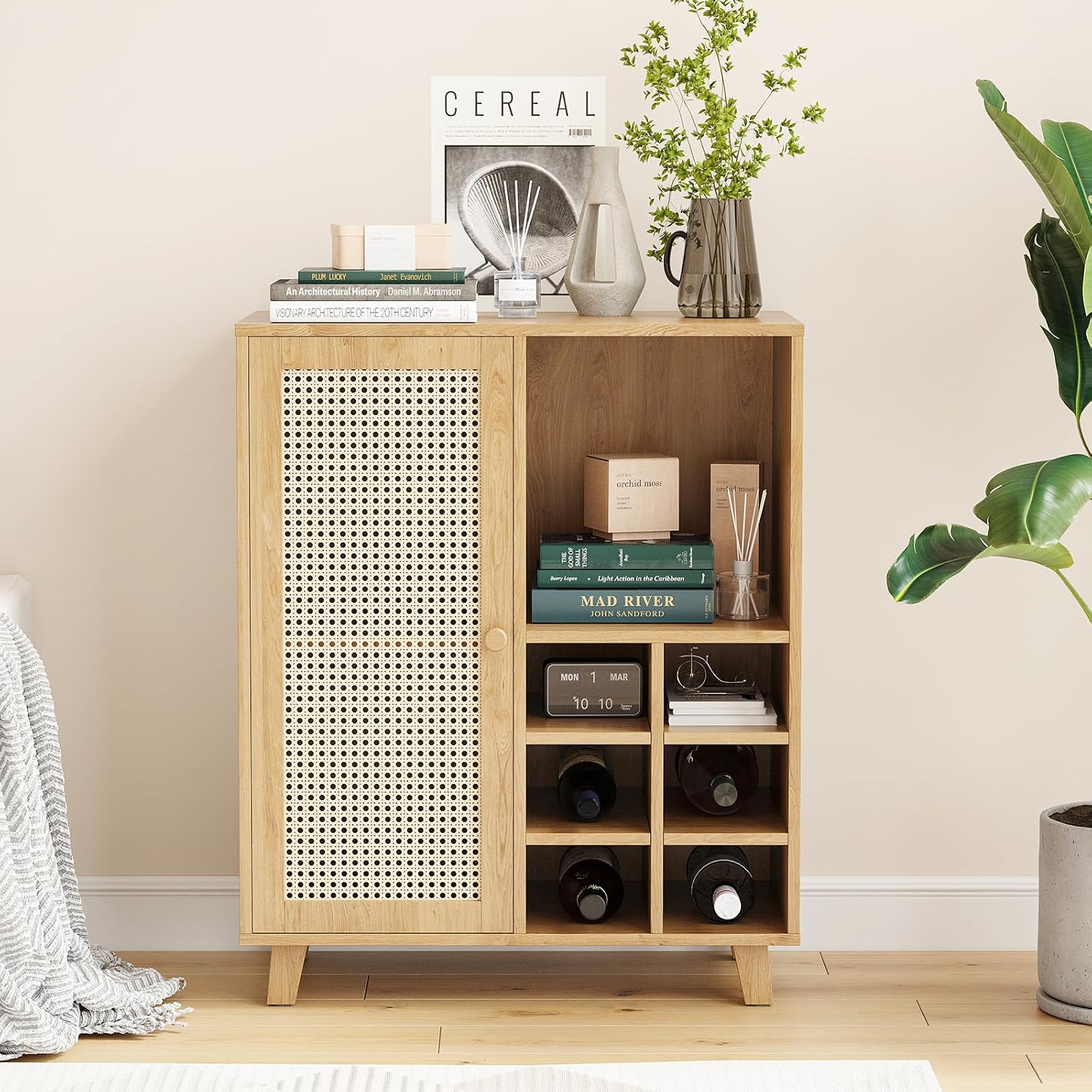 Farini 27.6" Buffet Cabinet with 6 Racks and Rattan Doors,Kitchen Sideboard for Dining Room, Hallway & Living Room, Coffee Bar Storage Console Table,Natural