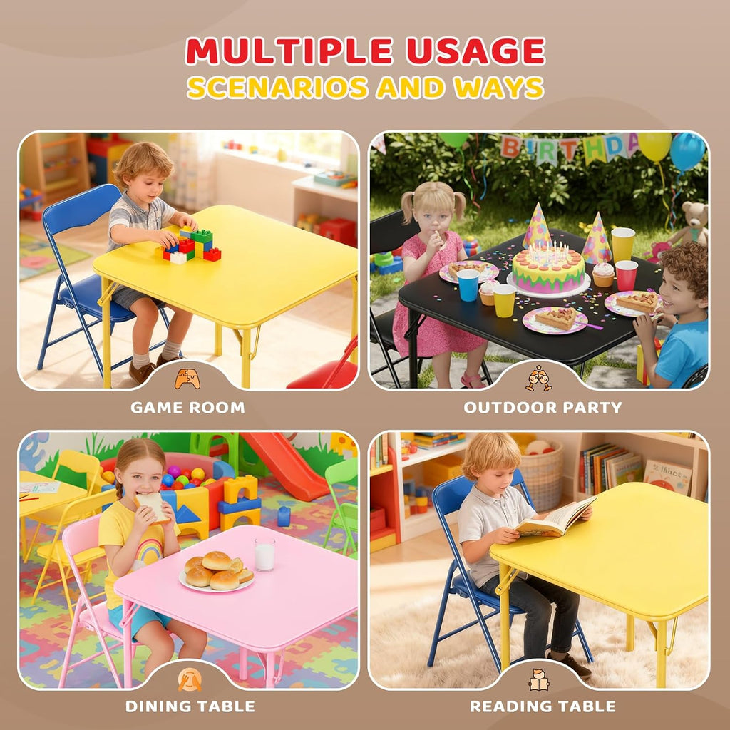 JOYMOR Kids Folding Table and Chairs Set, 5-Piece Metal Frame Activity Set with Easy-Fold Design for Playroom & Classroom (Black)