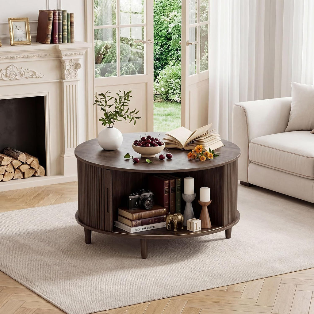 Round Coffee Table with Storage, 31.5" Center Table for Living Room, Mid Century Modern Coffee Tables for Living Room, Compact Small Coffee Table with Hidden Storage, Adjustable Feet, Walnut