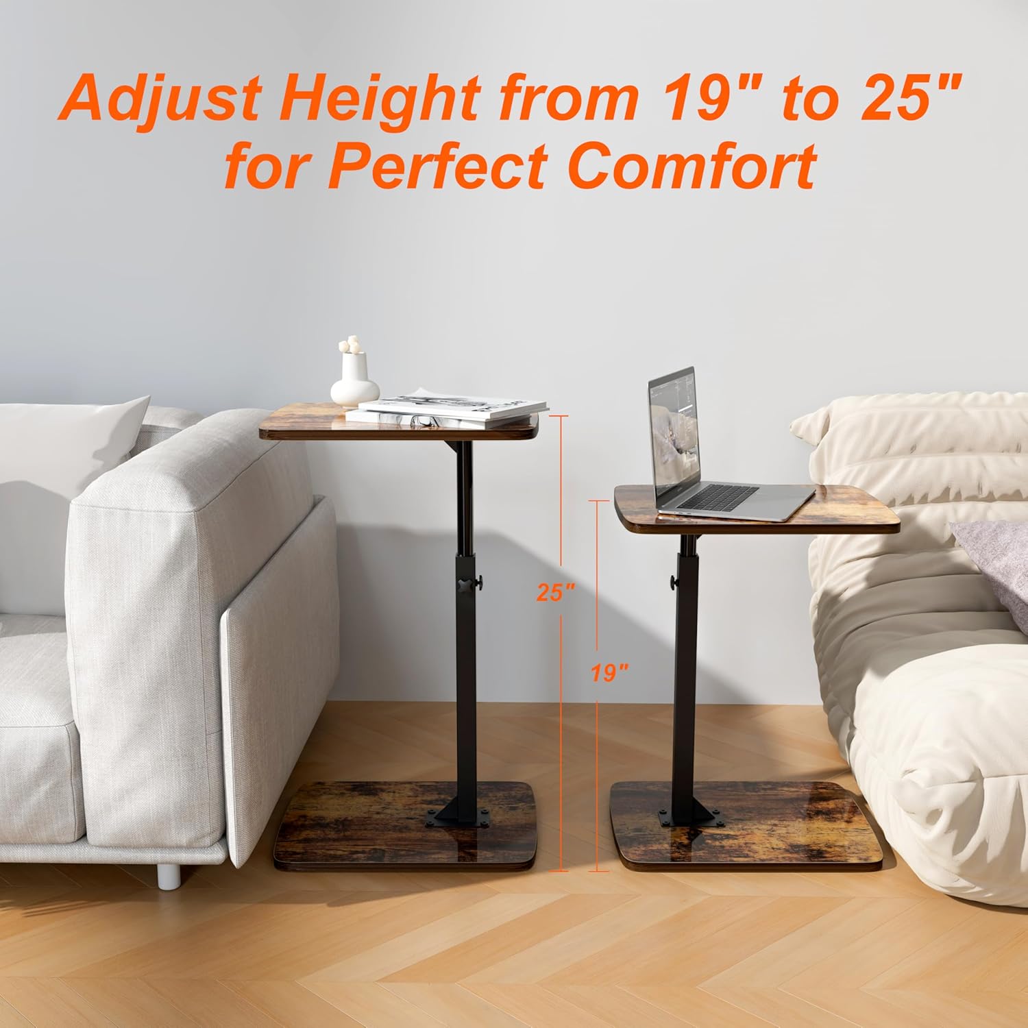 TV Tray Table for Small Spaces with 360° Swivel Tabletop & Height Adjustable,C Shaped Sofa Arm End Side Table, Bed Tray Stand for Eating Laptop,Living Room, Bedroom,Breakfast (Wood Base)