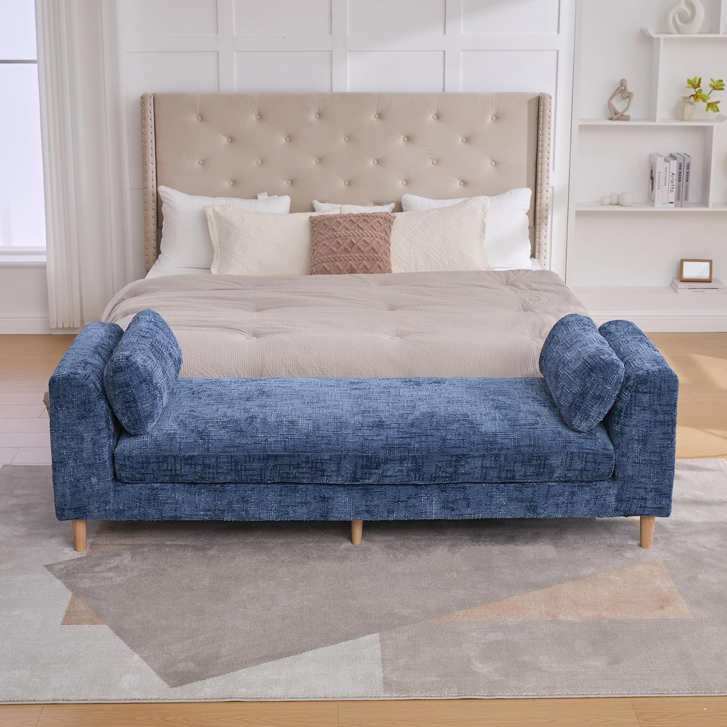 mikibama 83.1" Extra Long Ottoman Bench for Bedroom,Oversized Chenille Upholstered Chaise Lounge Sofa Benches,Modern End of Bed Bench with Arms,Lounger Daybed Couch with Pillows (Blue)