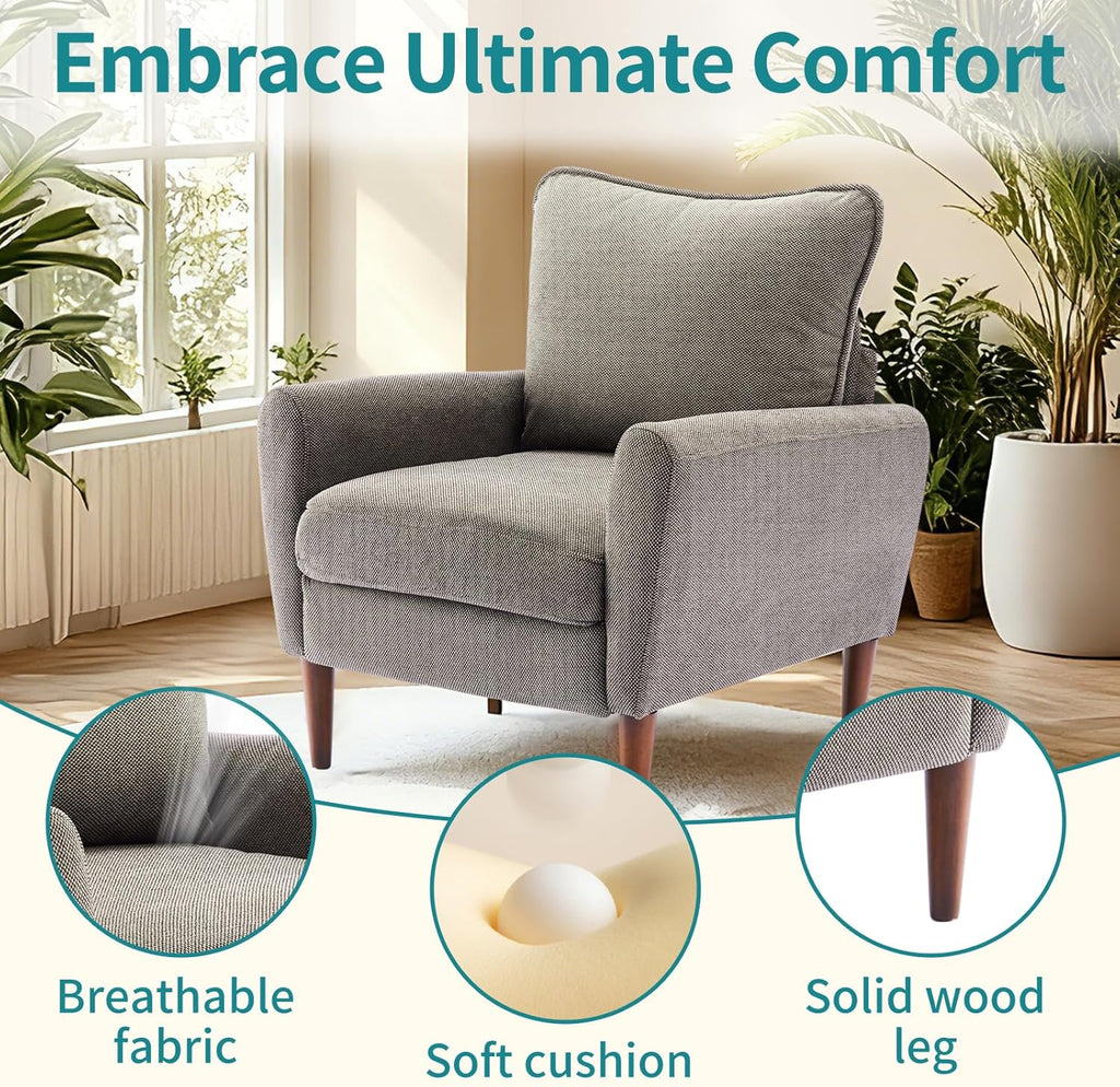 OLIXIS Comfy Accent Chair for Living Room Bedroom and Waiting Room, Upholstered Mid-Century Reading Chair with Pillow and Solid Wood Legs, Wide Singe Modern Lounge Sofa, Gray