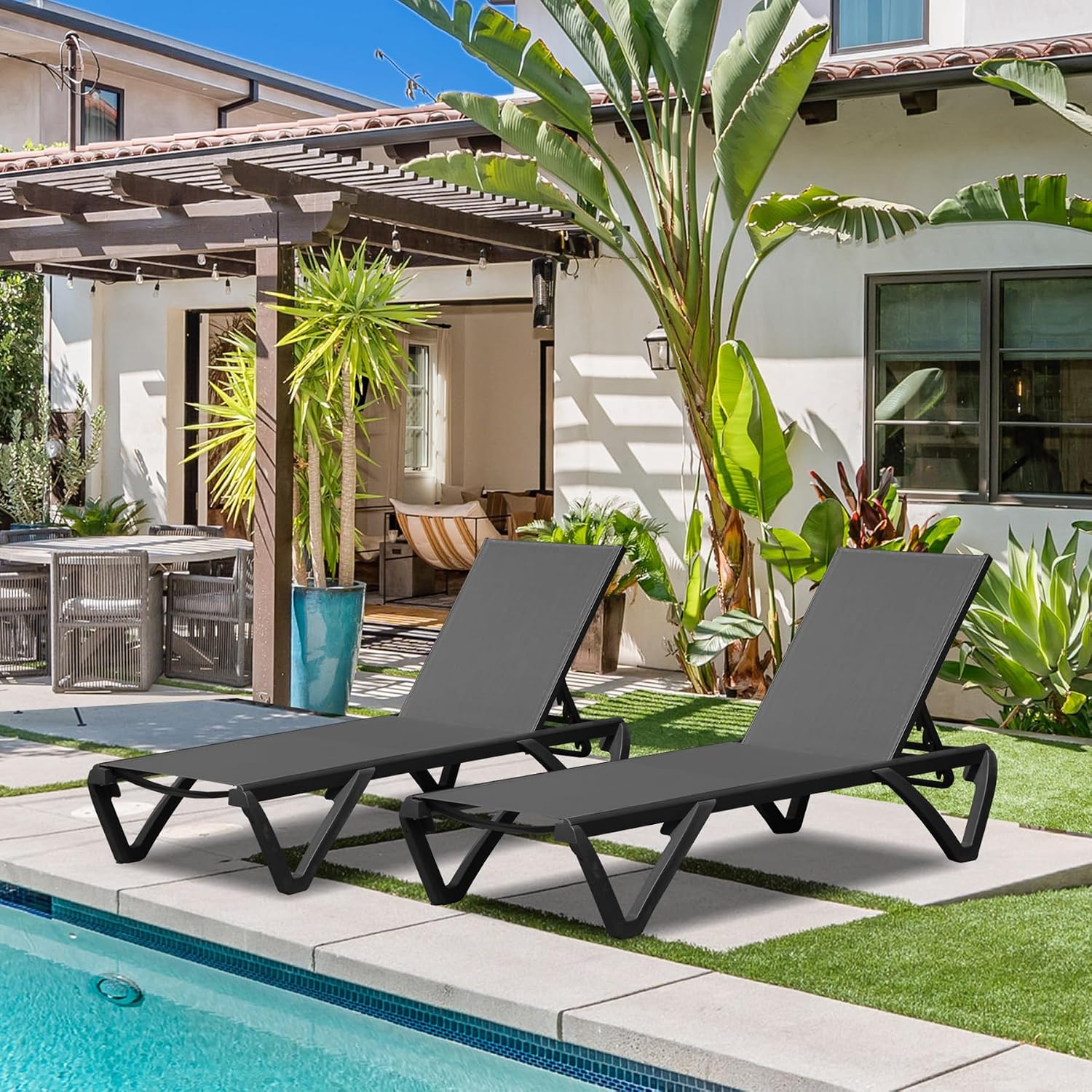 Outdoor Lounge Chairs Set of 2, Aluminum Pool Lounge Chairs with 5 Adjustable Backrest and Side Table, Full Flat Patio Lounge Chair for Sunbathing & Tanning, Poolside, Patio, Beach -Dark Grey