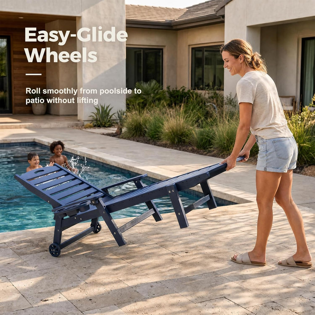 78" HDPE Chaise Lounge Chairs Set of 2, 6-Position Adjustable Poolside Recliner with Foldable Side Tray, Built-in Wheels, All Weather Waterproof Outdoor Patio Lounge Chair for Pool Deck Backyard, Navy