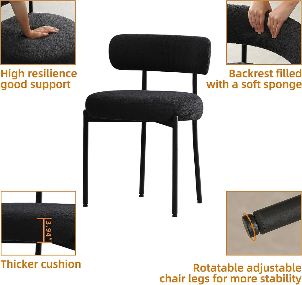 DYHOME Black Boucle Dining Chairs Set of 4, Modern Upholstered Dining Chairs with 4" Thick Cushion and Sturdy Metal Legs for Dining Room, Kitchen
