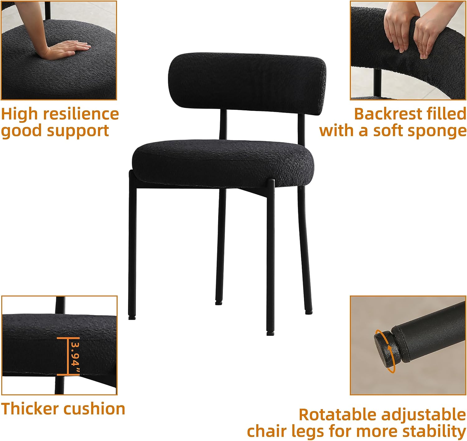 DYHOME Black Boucle Dining Chairs Set of 4, Modern Upholstered Dining Chairs with 4" Thick Cushion and Sturdy Metal Legs for Dining Room, Kitchen