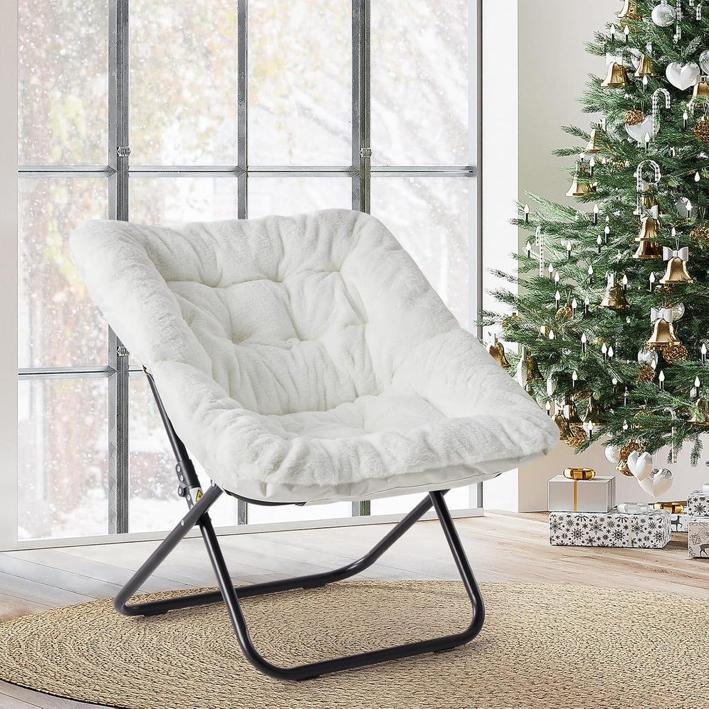 Comfy Saucer Chair, Faux Fur Disc Chair Foldable, Lounge Lazy Chairs for Living Room Bedroom Dorm, Reading Chair for Kids Adults Girls Teens, White