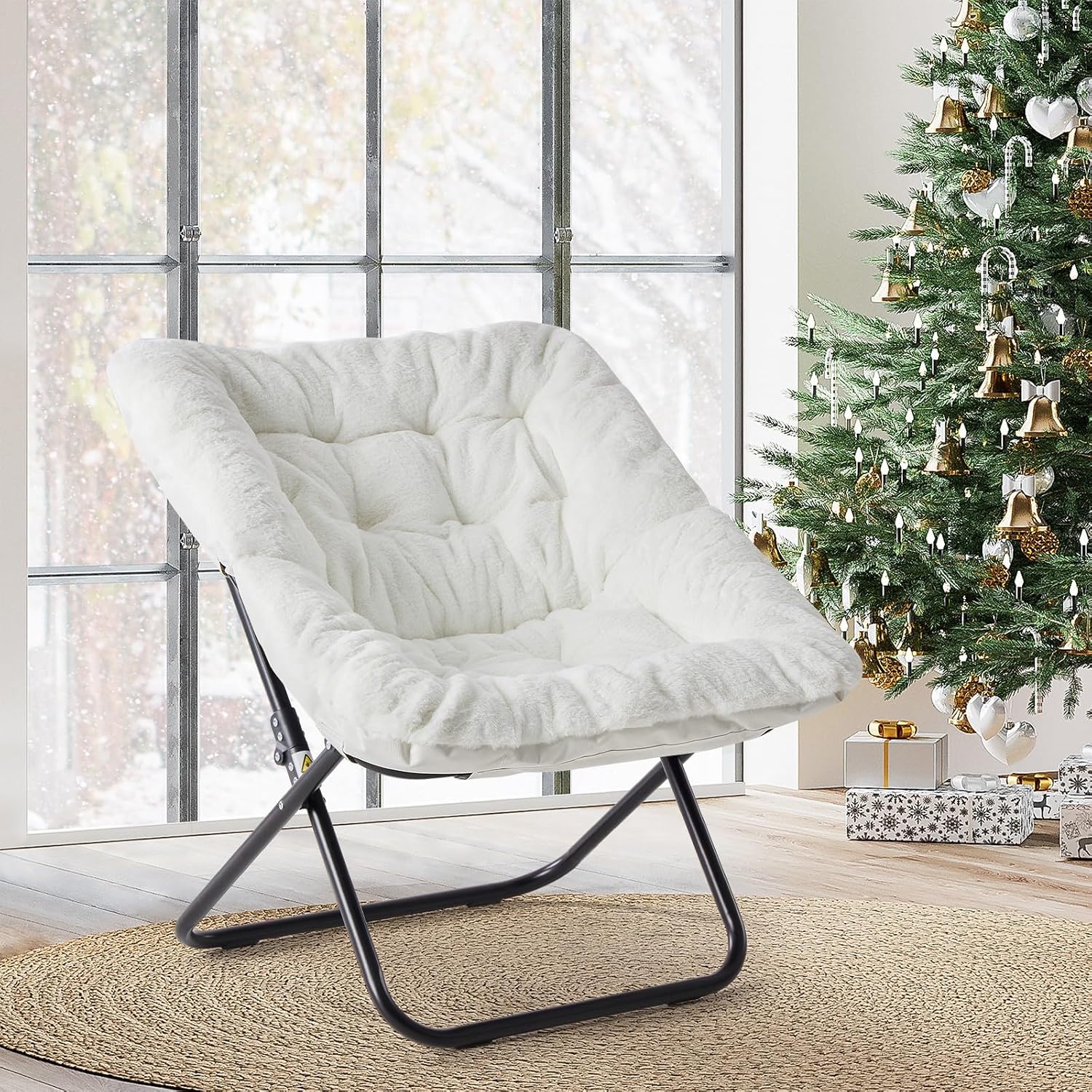 Comfy Saucer Chair, Faux Fur Disc Chair Foldable, Lounge Lazy Chairs for Living Room Bedroom Dorm, Reading Chair for Kids Adults Girls Teens, White