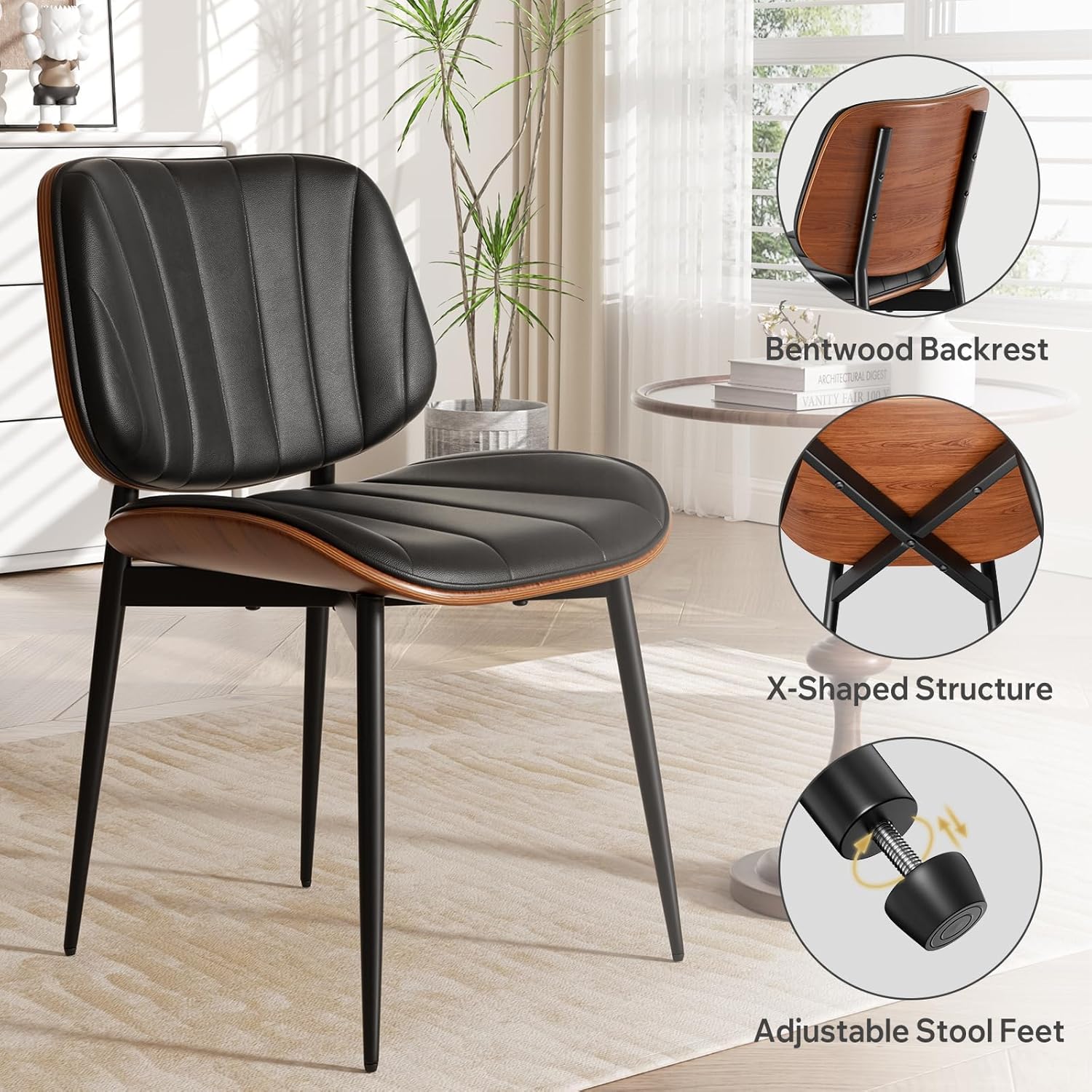 Dining Chairs Set of 4, Mid Century Modern Dining Room Chairs, Upholstered Faux Leather Kitchen Chairs with Walnut Bentwood Back and Metal Legs for Kitchen Dining Room Living Room, PU Black