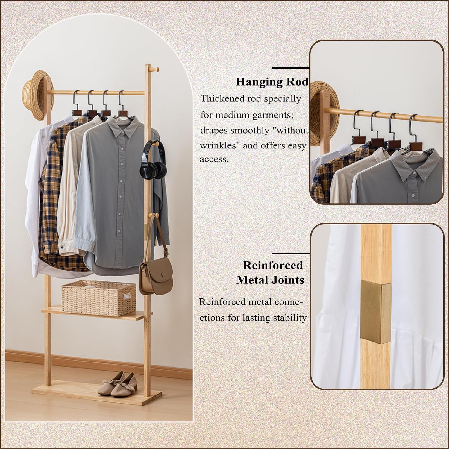 SOBIBO Wood Coat Rack Freestanding with Shelves & Hooks, 23.6inch, Natural | Solid Wood Frame, 3-in-1 Clothes Rack, Garment Rack with Storage for Bedroom, Hallway, Entryway, Office, Living Room