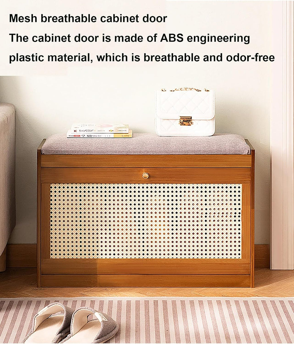 Bamboo Shoe Bench with Foldable Drawers & Cushion Entryway Stool Breathable Narrow Shoe Rack FreeStanding Footwear Organizer for Hallway Bedroom Living Room