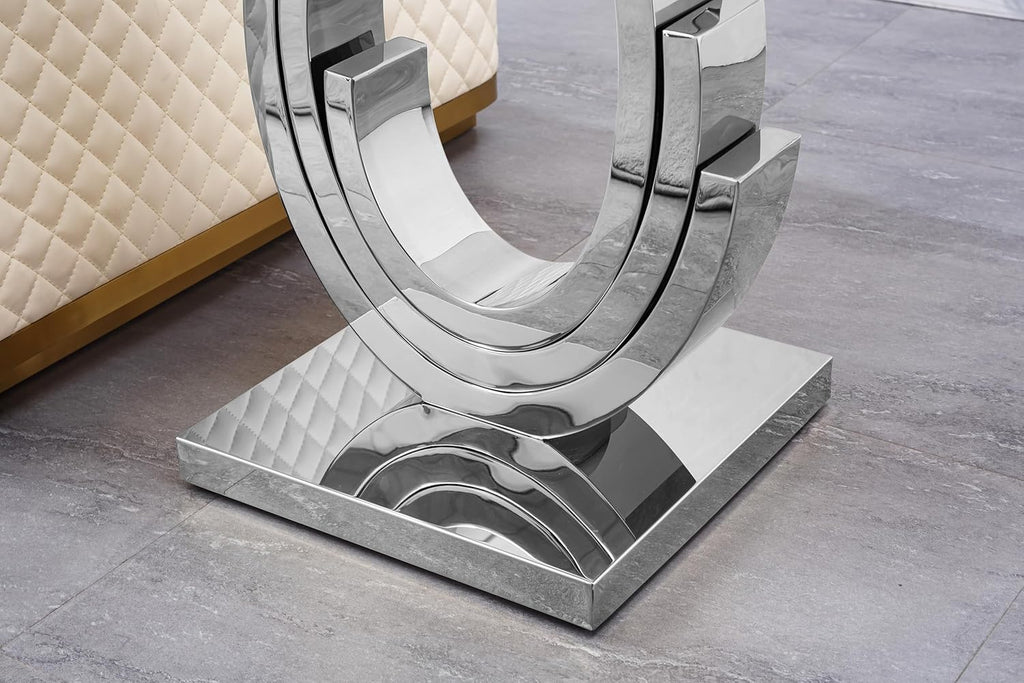 Luxury Glass End Table, 22.8" Sofa Side Table with Silver Ring-Shape Stainless Steel Frame and Clear Glass Top, Cocktail Tea Table, Modern Square End Table for Home Office