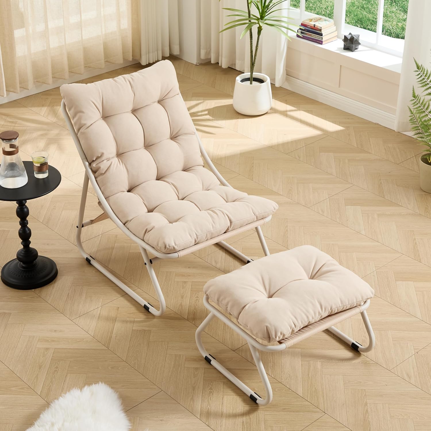 Polay Patio Outdoor Lounge Chair with Ottoman, Comfy Sling Recliner Chair with Puffy Cushion and Foot Stool, Foot Rest Pouf Ottoman for Living Room, Bedroom, Reading Room,A2