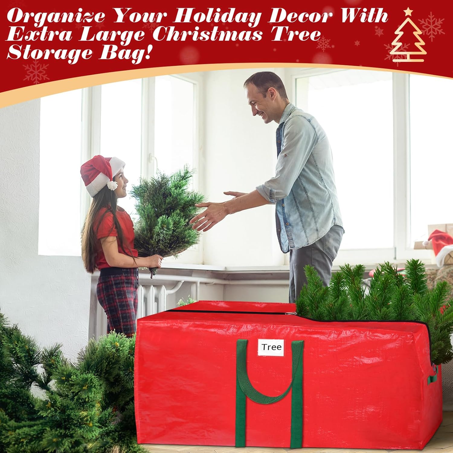 BlessedSeason Christmas Tree Storage Bag 9 Ft With 2 Large Tinsel Garland Bags, Waterproof Material, Reinforced Handles & Dual Zipper (Red)