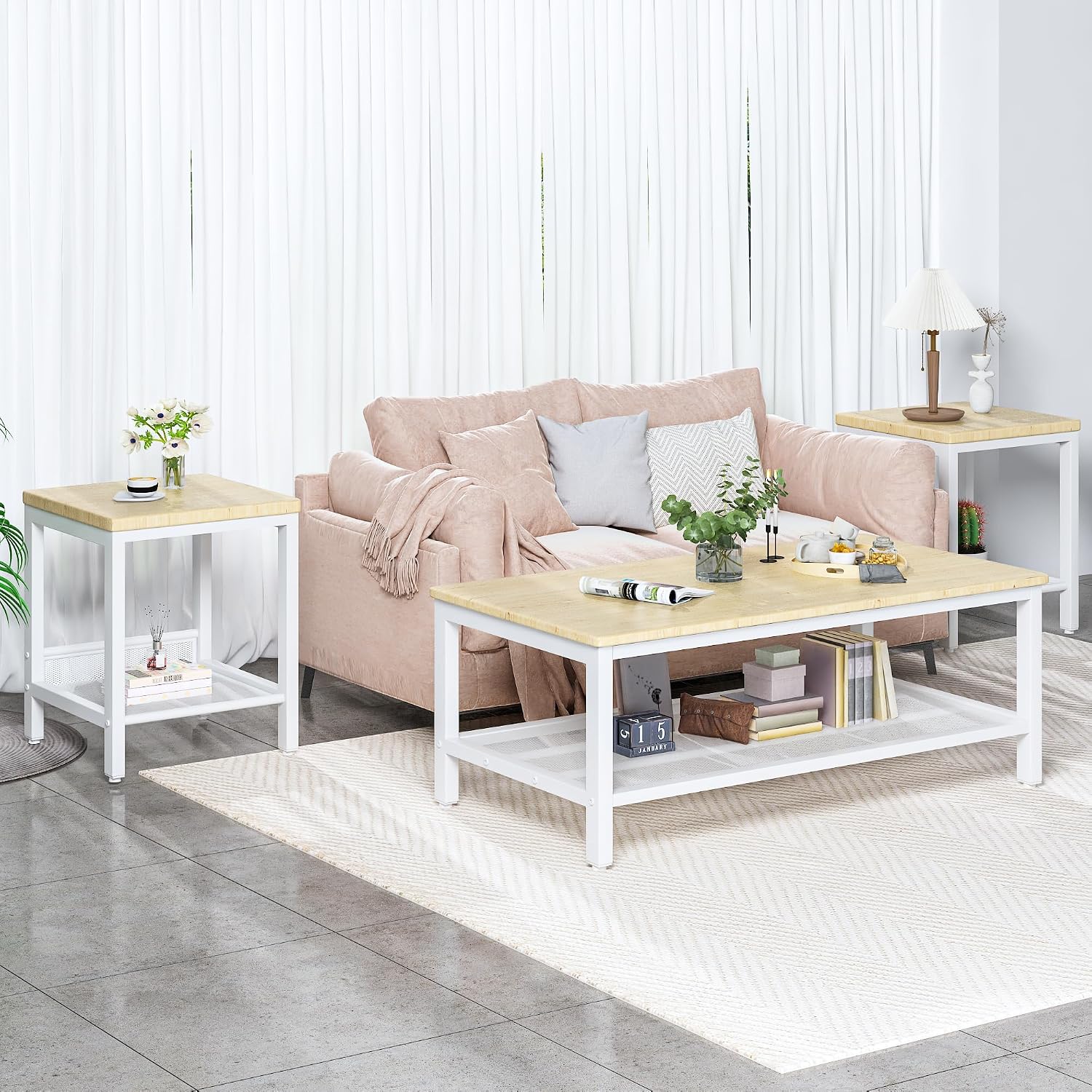 AWQM Coffee Table Coffee Table and end Table Sets Living Room Table | For Living Room, Small Apartment, Home Office, Sofa Storage Side Table & Bedroom Use (Oak)