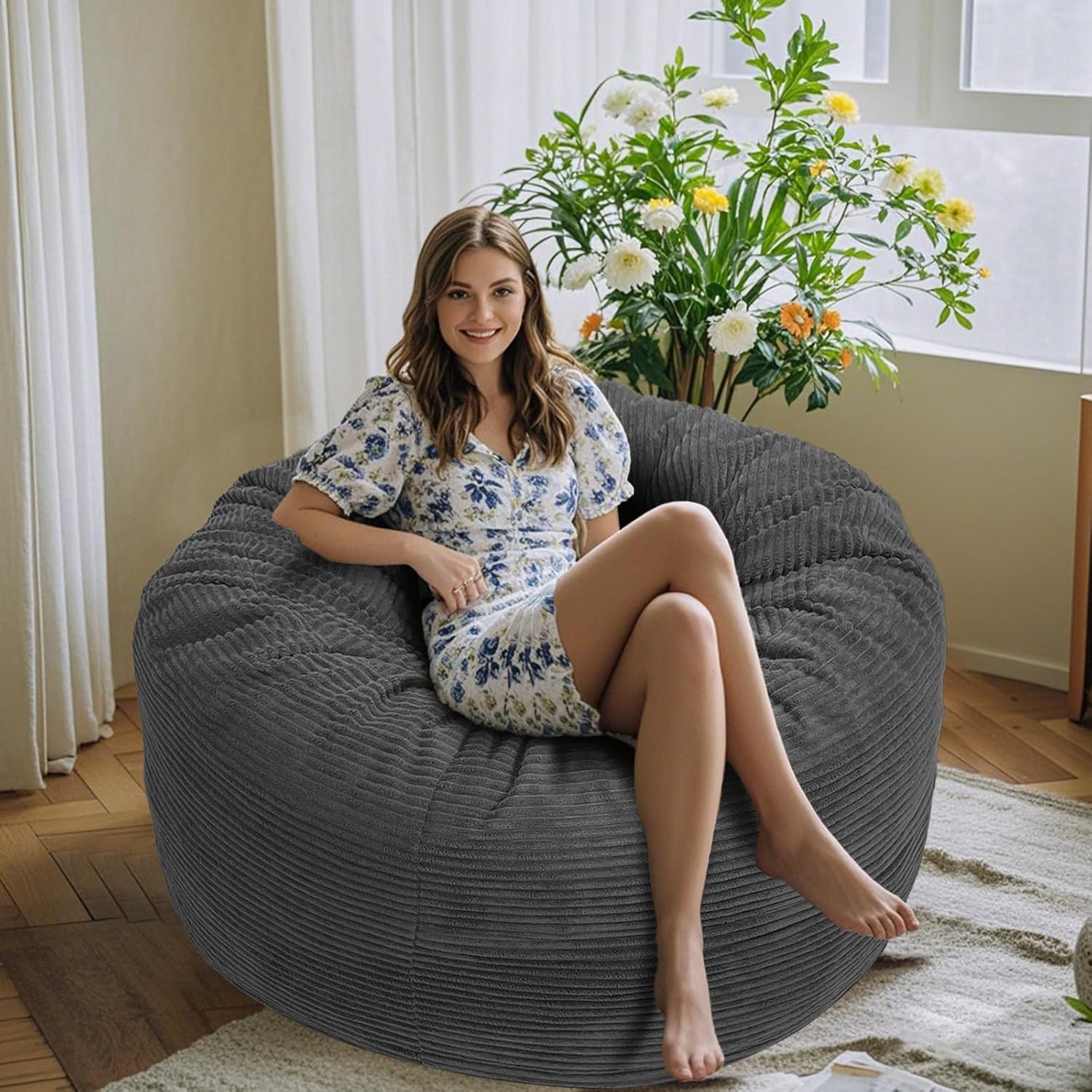 Bean Bag Chair for Adults, 4FT High-Rebound Memory Foam Bean Bag Sofa with Removable Cover, Oversized Bean Bag Couch for Gaming, Reading and Relaxation, Gery