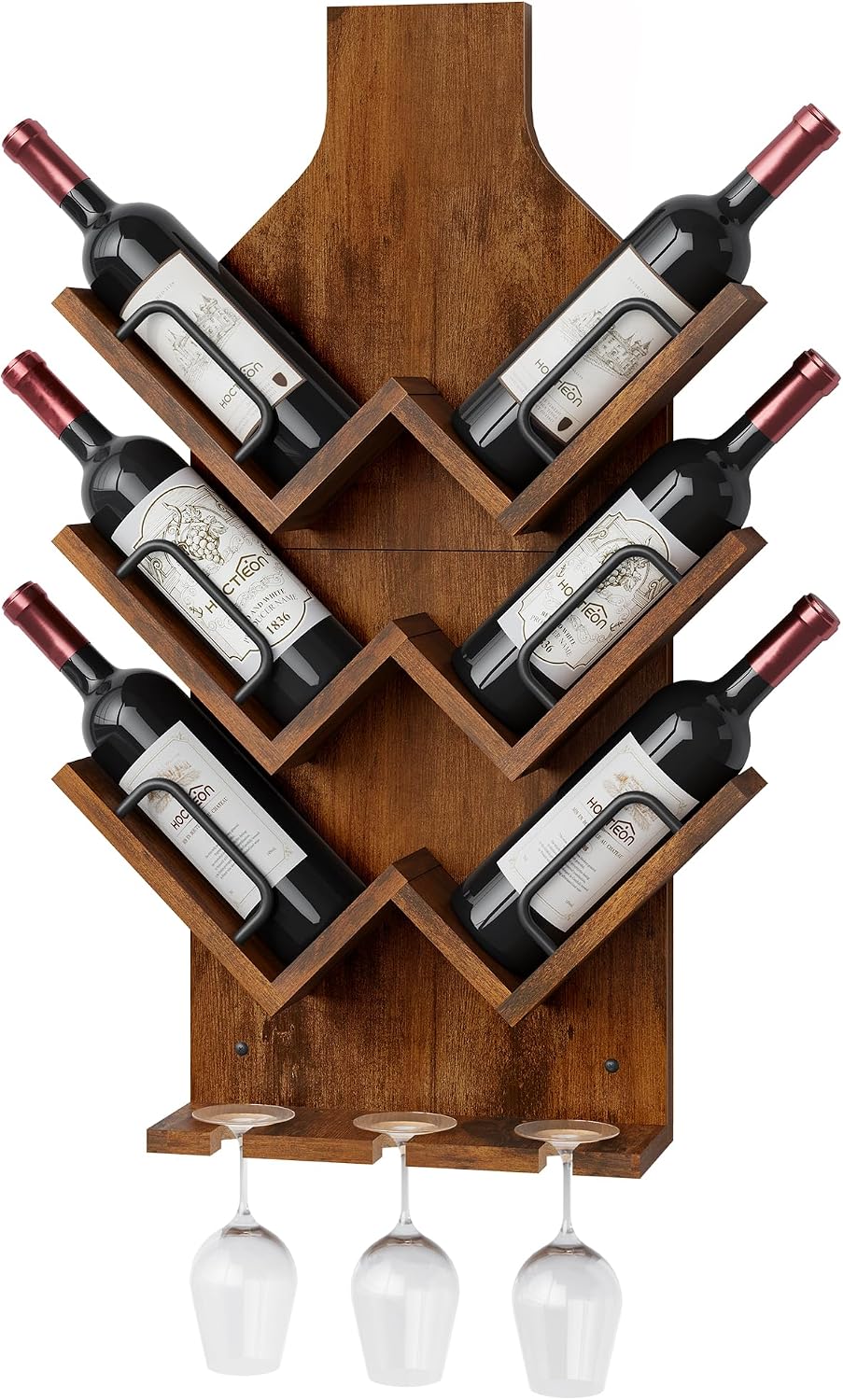 Hoctieon Wine Rack Wall Mounted, 6 Bottles Wood Wine Rack for Display and Storage, Hanging Bottle Holder Bar Shelves for Living Room, Kitchen, Dining Room, Wine Cellar, Rustic Brown
