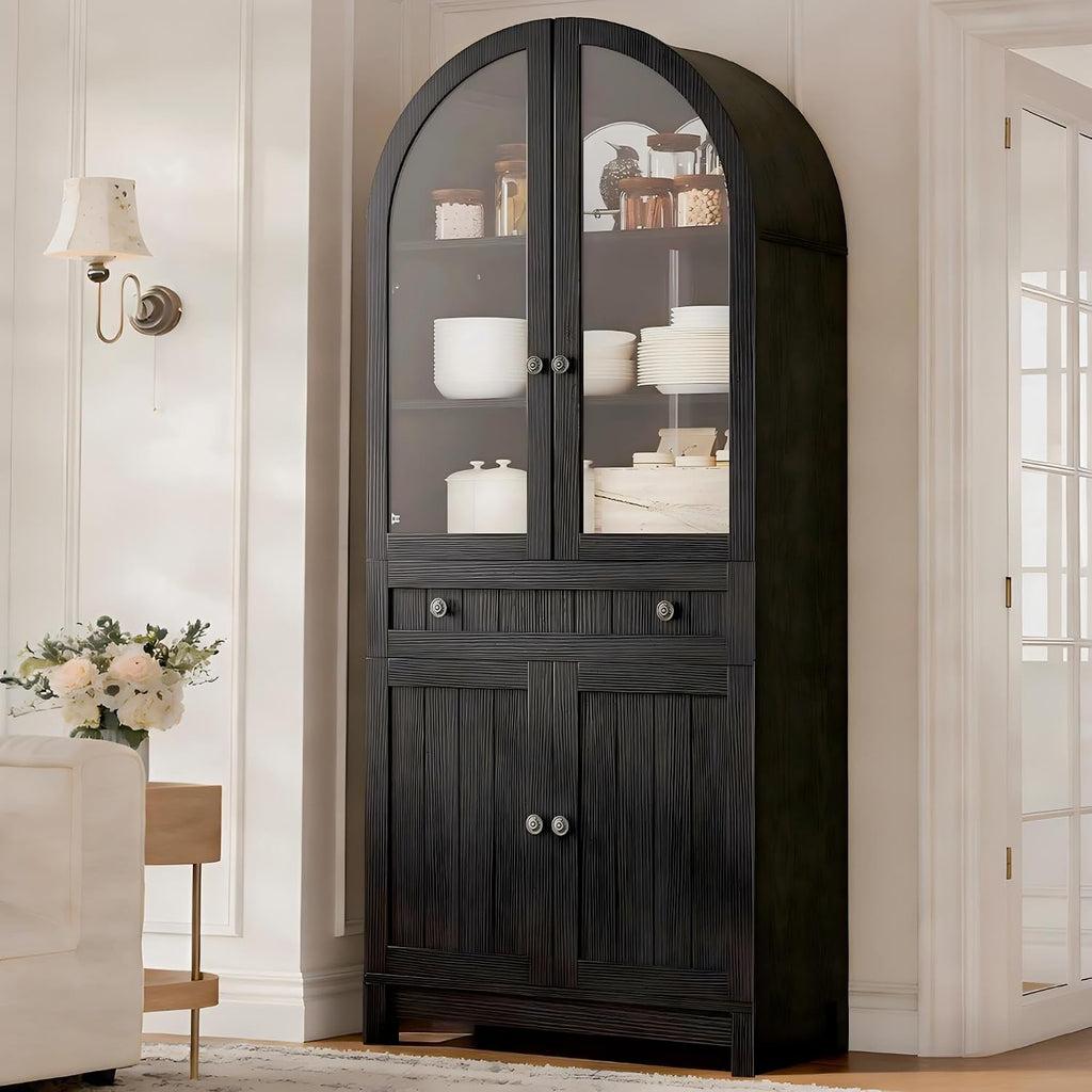 YITAHOME Arched Cabinet, 71" Tall Kitchen Pantry Storage Cabinet with Glass Door, Adjustable Shelves and Drawer, Farmhouse Wood Versatile Cupboard for Living Dining Room, Black