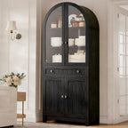 YITAHOME Arched Cabinet, 71" Tall Kitchen Pantry Storage Cabinet with Glass Door, Adjustable Shelves and Drawer, Farmhouse Wood Versatile Cupboard for Living Dining Room, Black