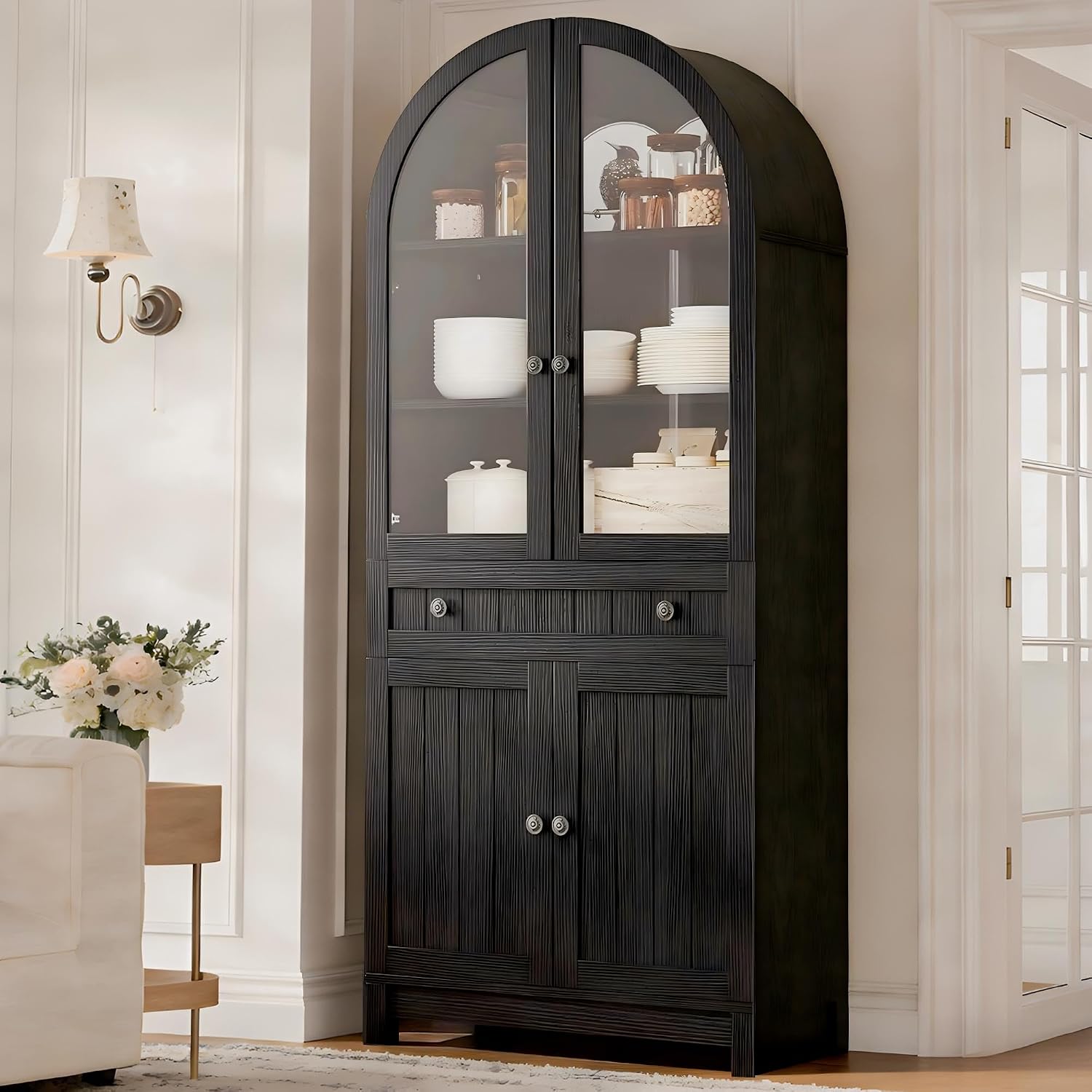 YITAHOME Arched Cabinet, 71" Tall Kitchen Pantry Storage Cabinet with Glass Door, Adjustable Shelves and Drawer, Farmhouse Wood Versatile Cupboard for Living Dining Room, Black