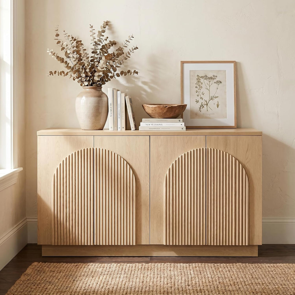 Brafab Modern 55" Fluted Wood Sideboard Buffet Cabinet with Storage/Natural | Hand-Pinned 3D Reeded 4-Door Facade, 2 Adjustable Shelves, Living Room TV Stand, Kitchen Buffet, Entryway Office Credenza