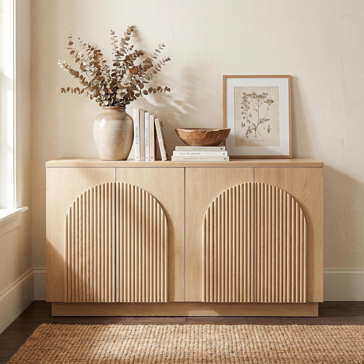 Brafab Modern 55" Fluted Wood Sideboard Buffet Cabinet with Storage/Natural | Hand-Pinned 3D Reeded 4-Door Facade, 2 Adjustable Shelves, Living Room TV Stand, Kitchen Buffet, Entryway Office Credenza