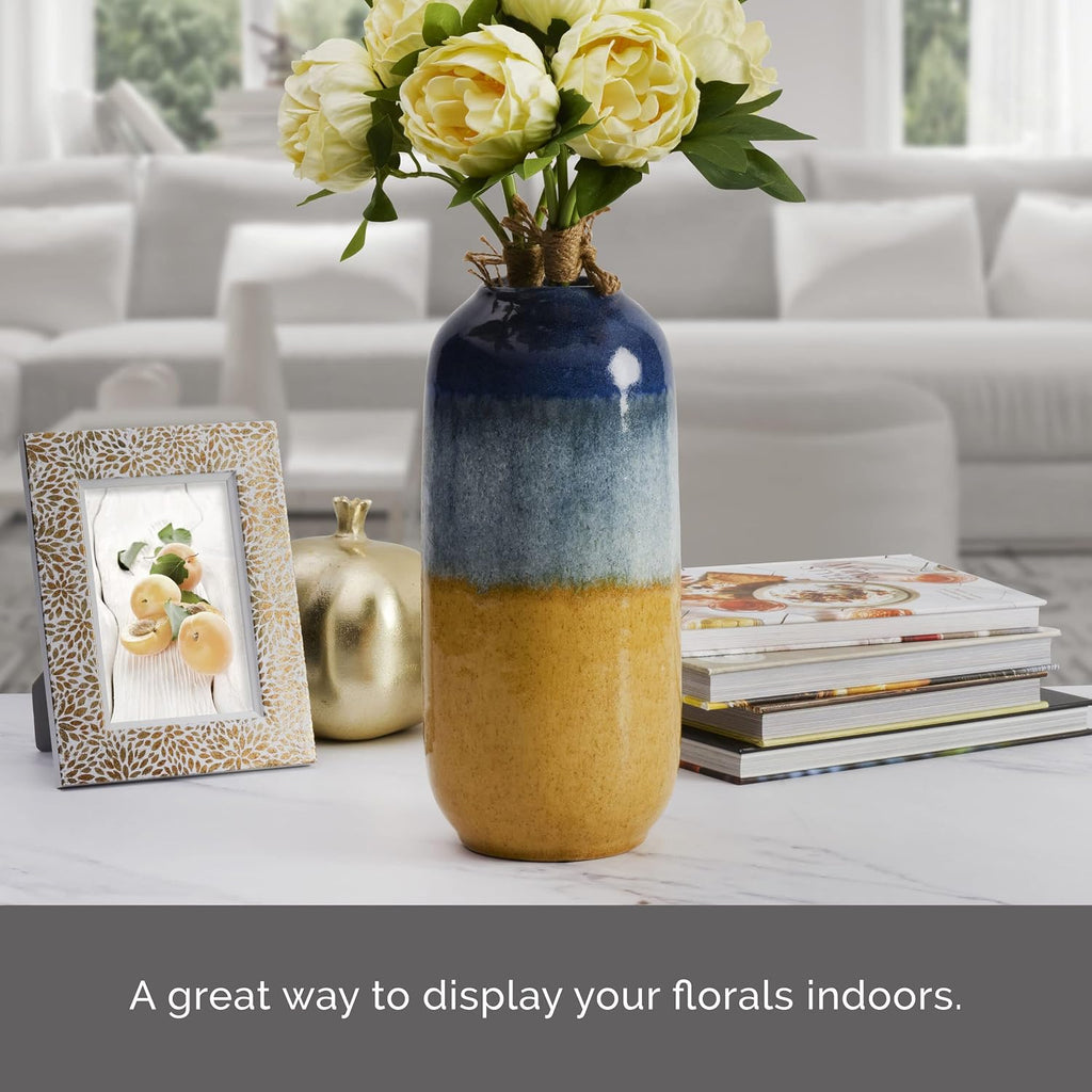 Elements Blue and Tan Ceramic Vase - 5.5x12 Inch Tall Two-Tone Coastal Decorative Vase for Home Decor, Flowers, Faux Plants, and Tabletop Display