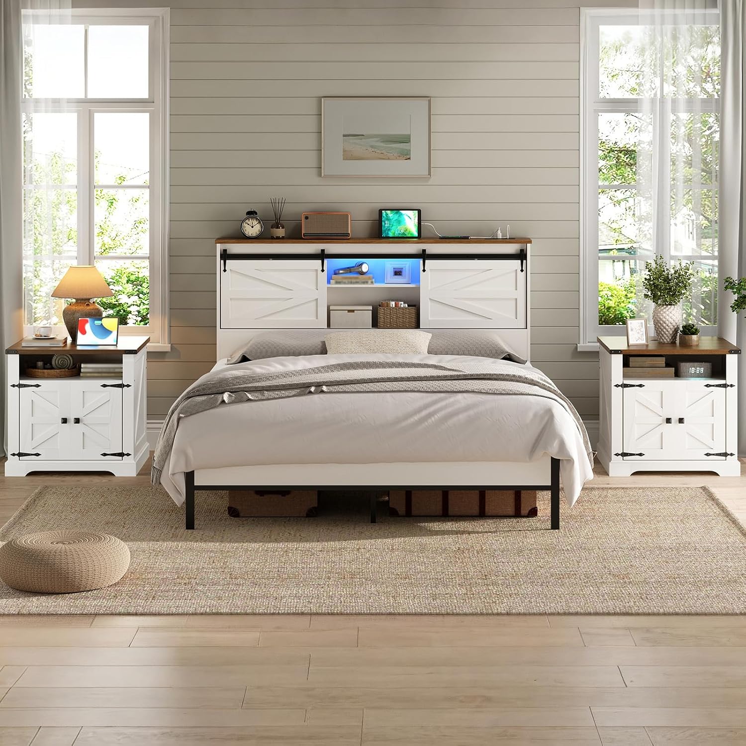 HOOBRO Farmhouse End Table with Charging Station, 23.6" Large End Tables for Living Room, Sofa Side Table with Barn Door, Wooden Square Nightstand Bedside Table, Flip Top, White and Walnut WH601UBZ01