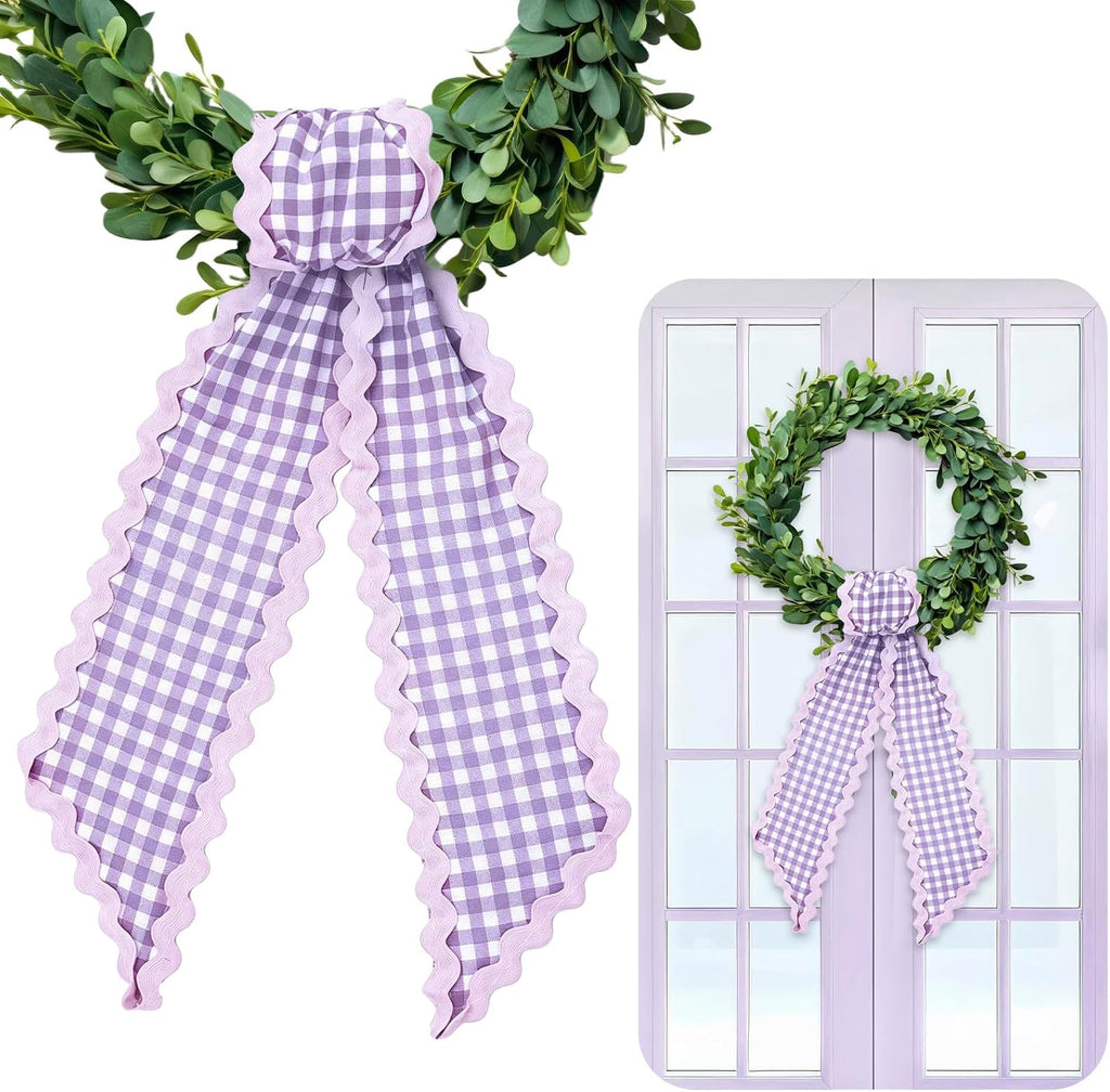 Whaline 2 Pcs Wreath Sash for Front Door Purple Plaid Garland Ribbon for Holiday Party Home Decor Indoor Outdoor