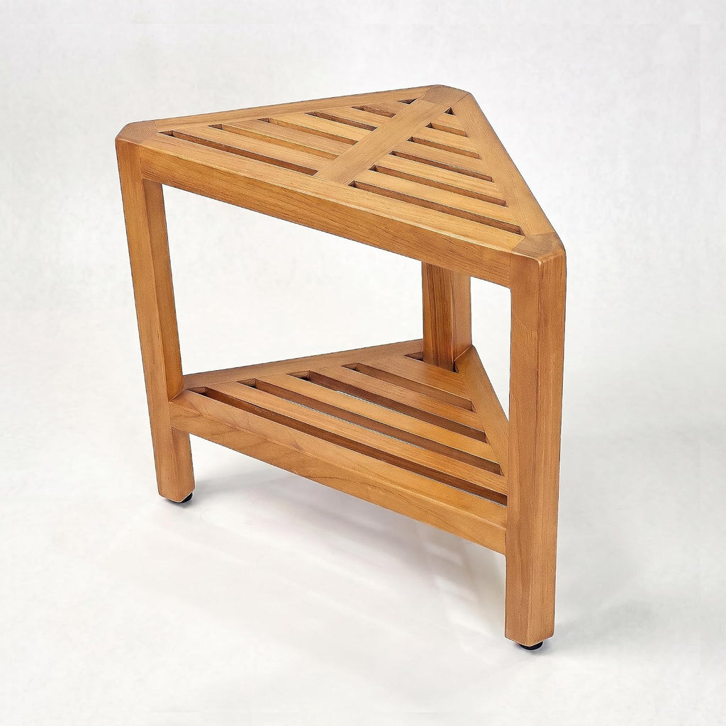 Asta Bora Solid Teak Indoor Outdoor Shower/Bath/Spa Corner Stool with Shelf, Fully Assembled, SpaTeak Collection, TB-009