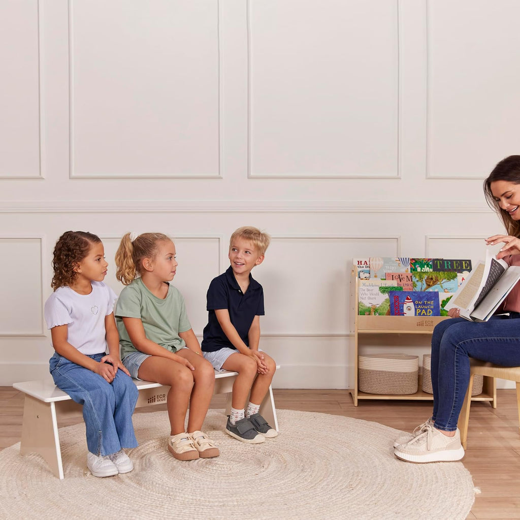 ECR4Kids Kiddo Classroom Bench, 12in Seat Height, Wooden, Children's Furniture, White Wash