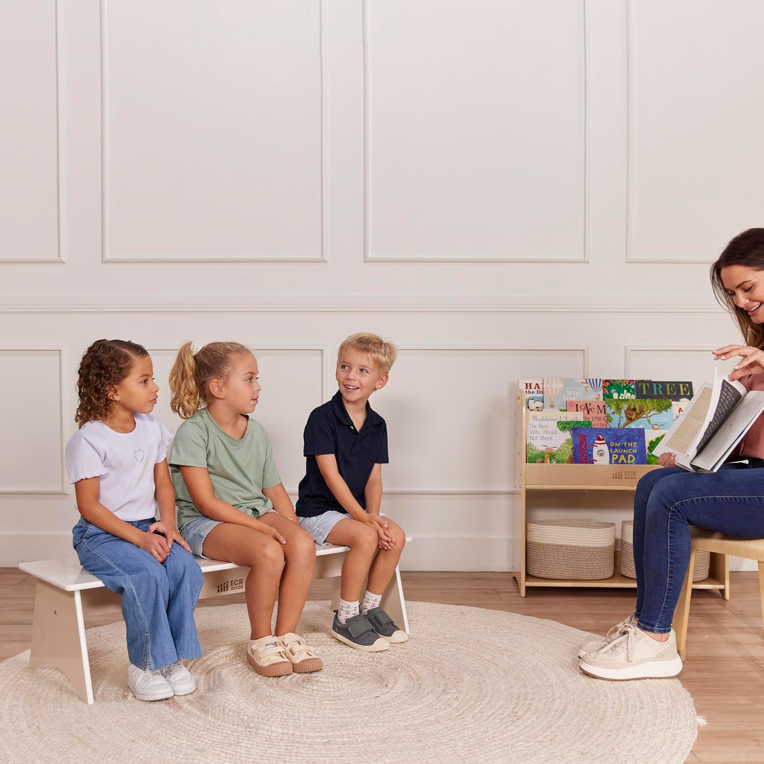 ECR4Kids Kiddo Classroom Bench, 12in Seat Height, Wooden, Children's Furniture, White Wash