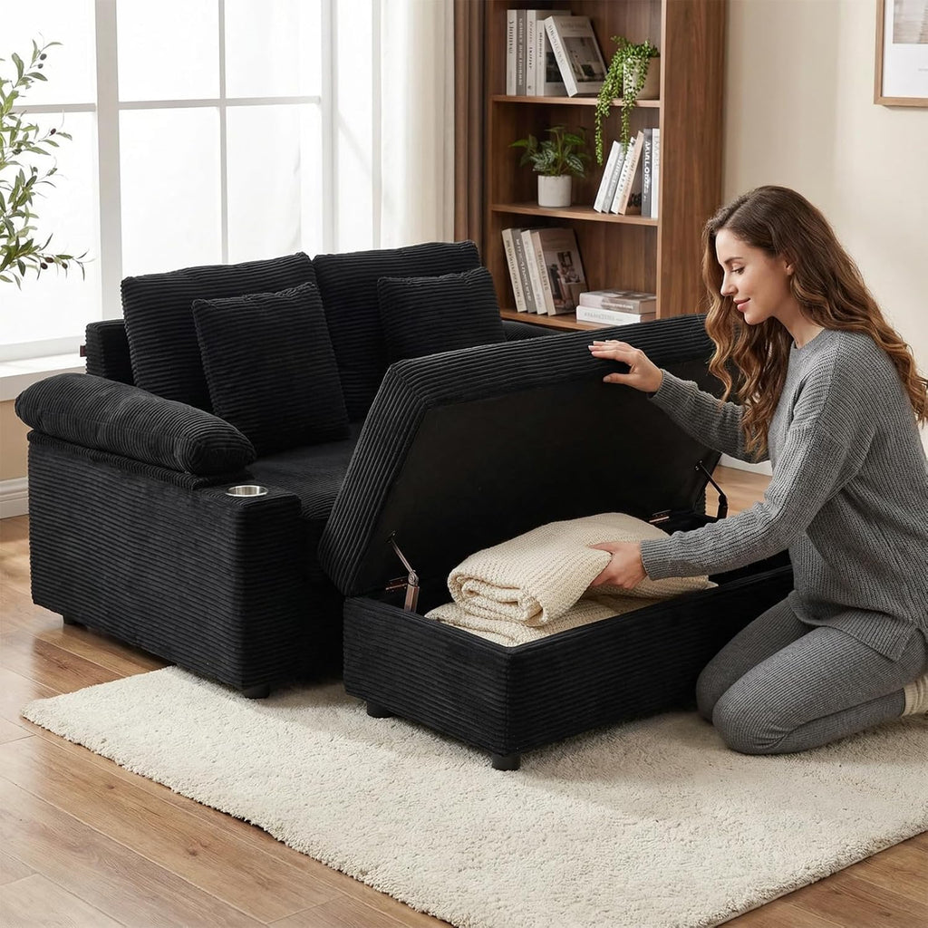 Furnimart Oversized Chaise Lounge Chair Indoor, Corduroy Upholstered Sleeper Sofa Bed with Solid Frame & Throw Pillows, Deep Seat Reading Chair for Living Room, Bedroom, Black