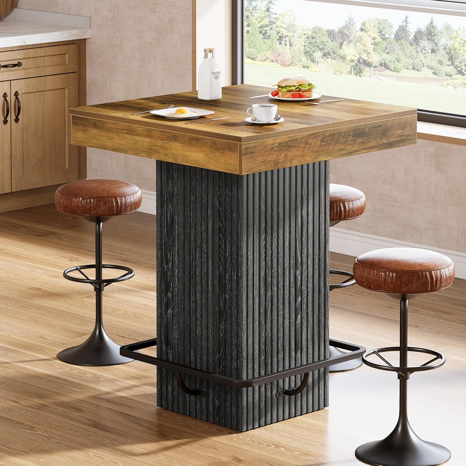 Tribesigns Square Bar Table, Kitchen Dining Table, Industrial Counter Height Pub Cocktail Table Home Bar Unit with Metal Footrest for Dining Room, Tavern, Coffee Corner, Bistro, Rustic Brown