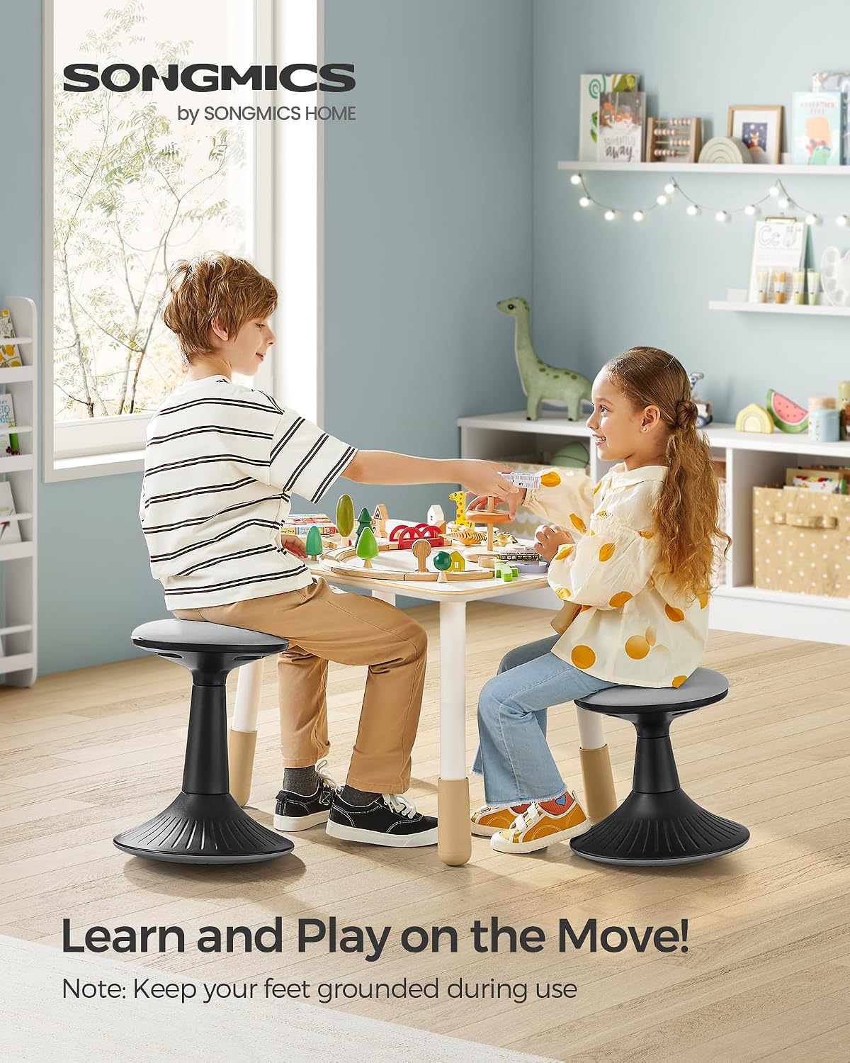 SONGMICS Kids Wobble Chair 6-12Y, Active Sitting Stool with Focus Support, 18.1" Height 154 lb Capacity, Anti-Slip Base Tool-Free Assembly, Ink Black and Dove Gray UOSC010B01