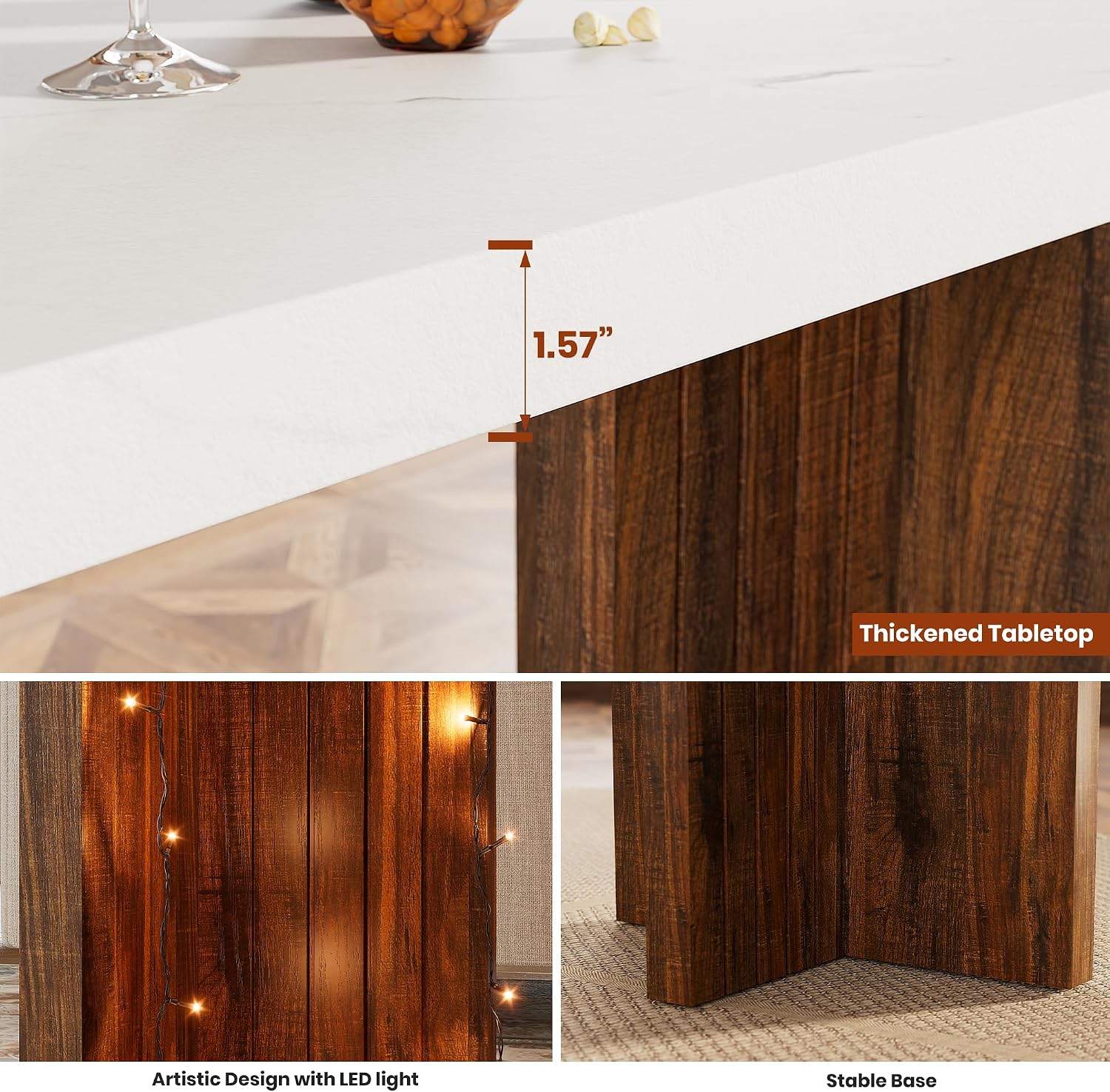 Bar Table for 4-6 People - 55” Long Counter Height Pub with Extra Thickened Tabletop, Modern Rectangular Home Bar Coffee Unit for Kitchen, Dining Room, Balcony, Living Room, Basement, White+Walnut