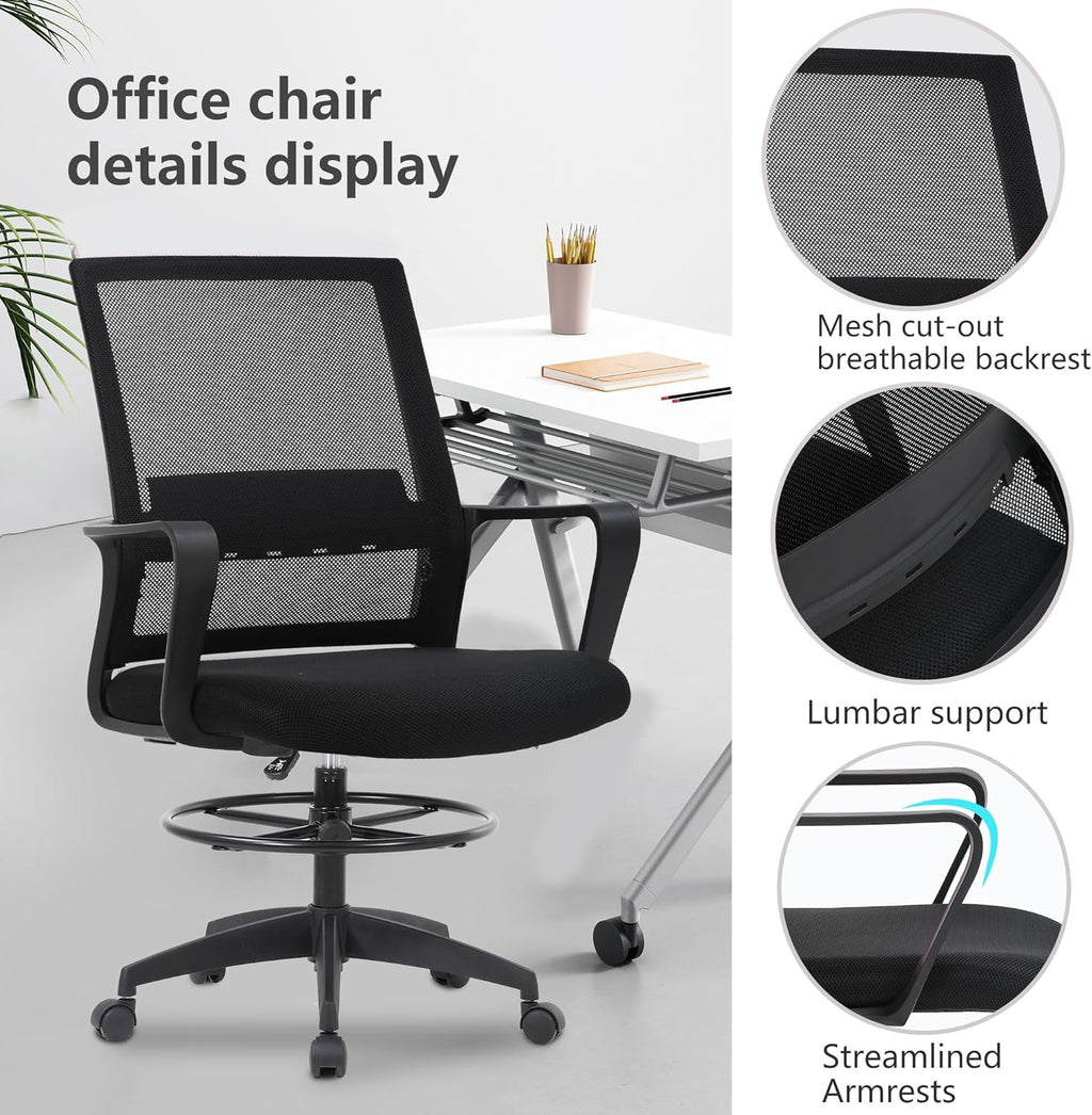 PayLessHere | Drafting Chair | Black | Tall Office Chair with Adjustable Seat Height & Footrest, Ergonomic Mesh Back, Lumbar Support, 360 Degree Swivel Rolling Wheels | for Workspaces & Home Office