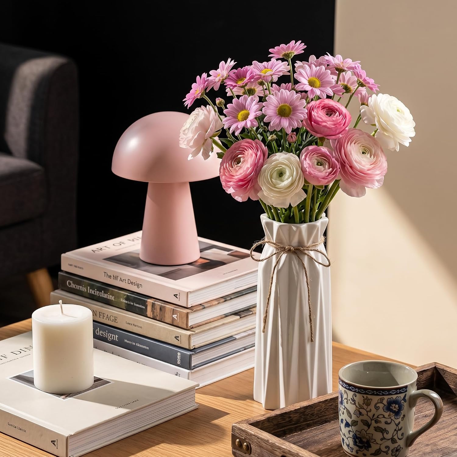 Small Vase White Ceramic Jute Rope Simple Vases for Home Decor Minimalist Modern Flower Vase Elegant Decorative Glossy Vase for Pampas Grass, Office, Living Room, Mantel and Bedroom Décor