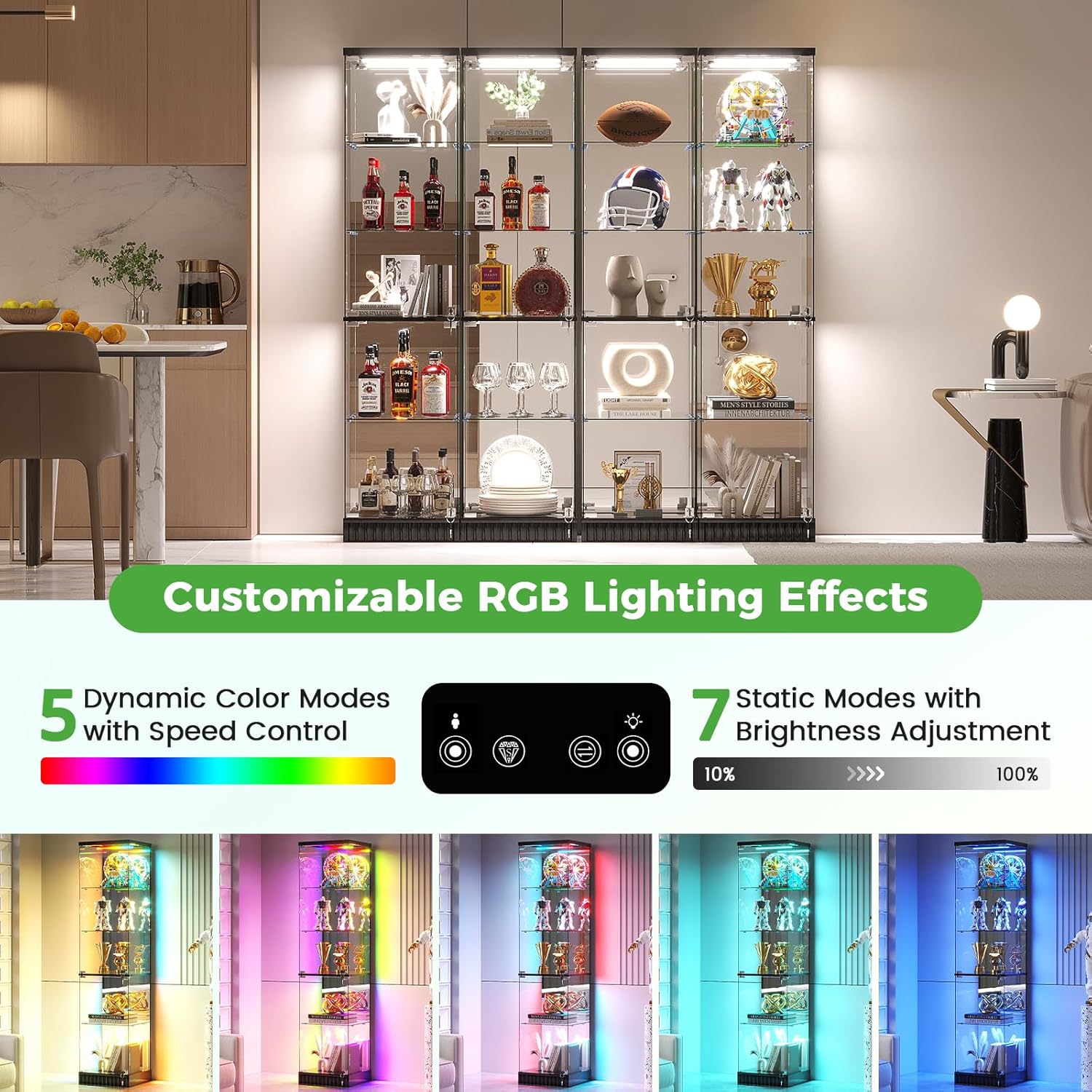 HNEBC Glass Display Cabinet, LED Display Case with RGB Lighting, Lockable Curio Cabinet with Explosion-Proof Glass Doors for Collectibles,5-Tier China Cabint with Motion Sensor Light-Black